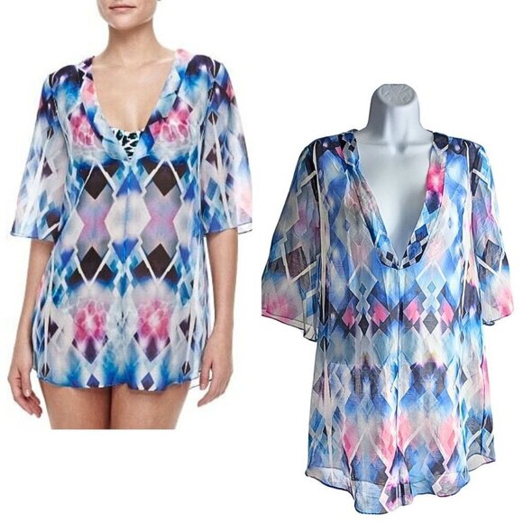 MILLY CABANA Capella Blue Kaleidoscope Ikat Cotton-Silk Cover-Up Tunic Size SP - Picture 1 of 6